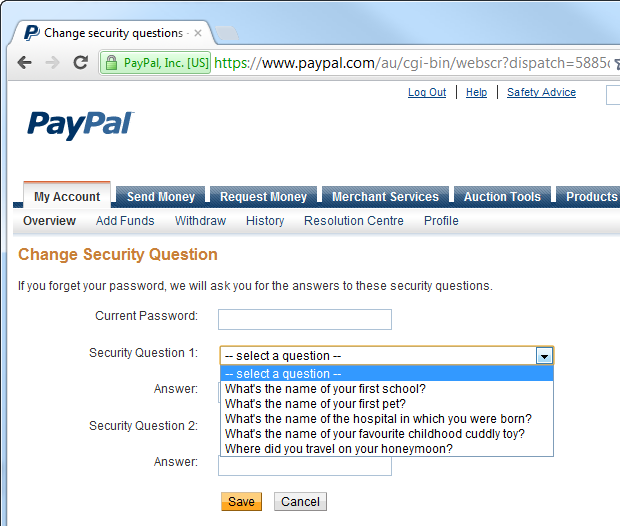 سؤالات امنیتی ممکن در PayPal