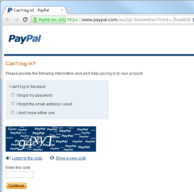 اجرای CAPTCHA توسط PayPal پیش از بازیابی رمز عبور